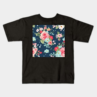 Pink Girly Floral Flowers, Pretty Feminine Pattern on Blue Background Kids T-Shirt